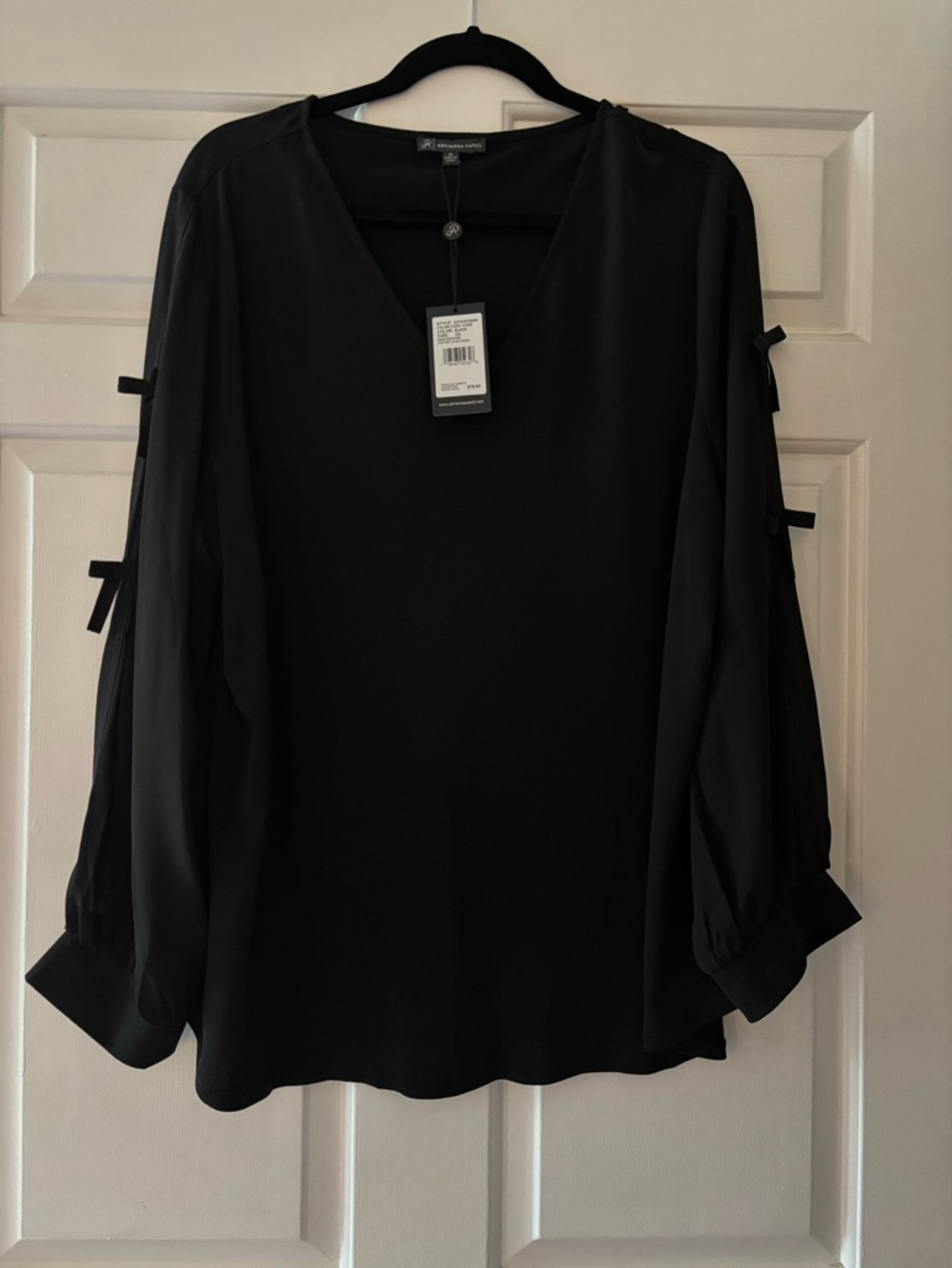 Adrianna Papell Black V-Neck Blouse with Sleeve Tie Details